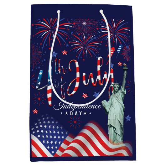vuurwerk vierde juli met het vrijheidsbeeld medium cadeauzakje (Voorkant)