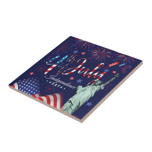 vuurwerk vierde juli met het vrijheidsbeeld tegeltje (Zijkant)