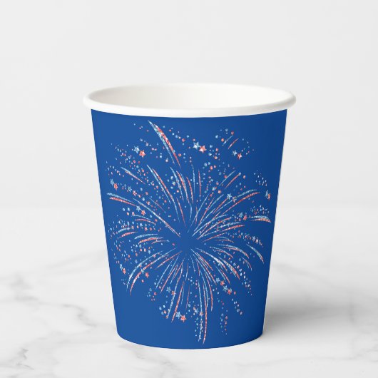 Vuurwerk voor rode en blauwe glitter papieren bekers (Achterkant)