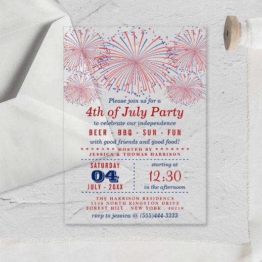 Vuurwerk voor rood, wit en blauw op 4 juli acryl uitnodigingen