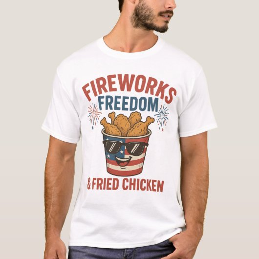 Vuurwerk Vrijheid & Gebakken Kip, Grappig 4 juli B T-shirt (Voorkant)