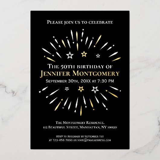 Vuurwerk Zwart Wit Goud 50ste Verjaardagsfeest Folie Uitnodiging (Voorkant)