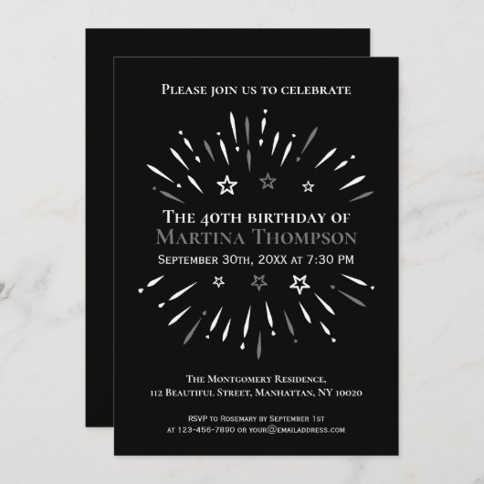 Vuurwerk Zwart Wit Grijs 40ste Verjaardagsfeest Kaart (Voorkant / Achterkant)