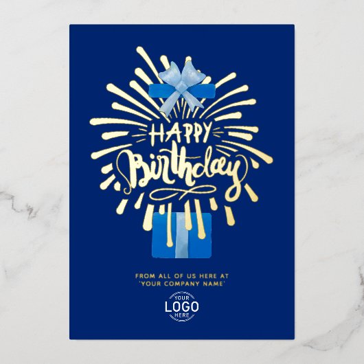 Vuurwerkdag in Logo Blue Gift Box toevoegen Folie Uitnodiging (Voorkant)