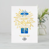 Vuurwerkdag in Logo Blue Gift Box toevoegen Folie Uitnodiging (Staand Voorkant)