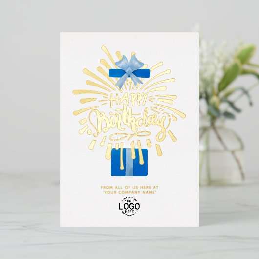 Vuurwerkdag in Logo Blue Gift Box toevoegen Folie Uitnodiging (Staand Voorkant)