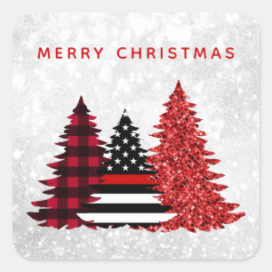 Vuurwerker met kerstbomen Rood lijn Glitter  Vierkante Sticker
