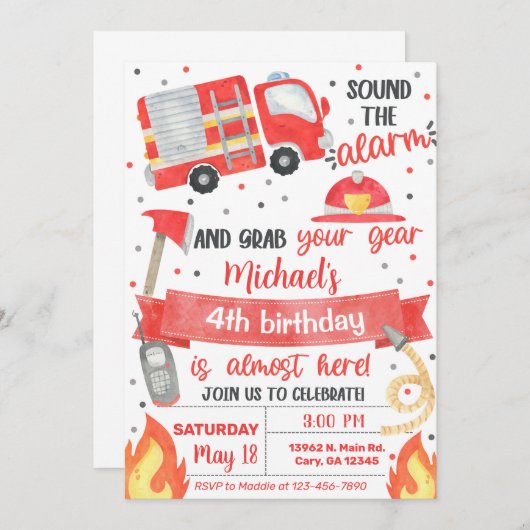 Vuurwerker verjaardagsuitnodiging, vuurman. kaart (Voorkant / Achterkant)