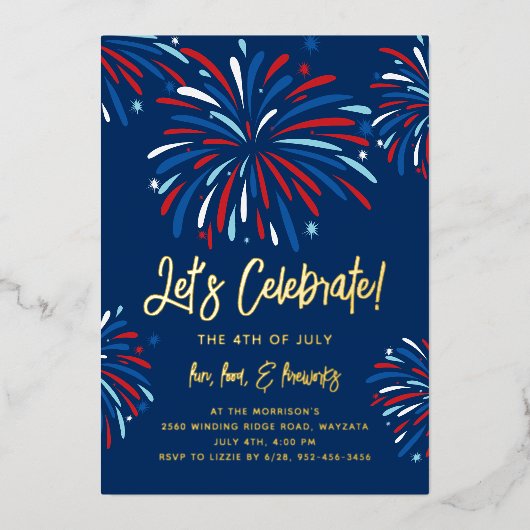 Vuurwerkfeest Vuurwerk 4 juli-feest Echt Goud Folie Uitnodiging (Voorkant)