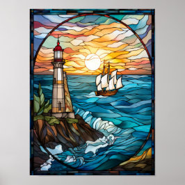 Vuurwerkraam met vuurtoren en zeilschip  poster