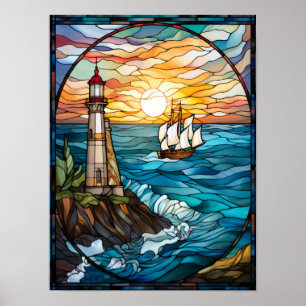 Vuurwerkraam met vuurtoren en zeilschip  poster