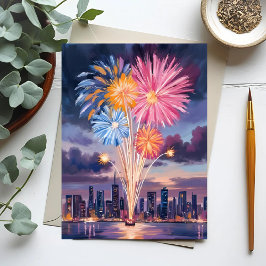 Vuurwerkshow | Nieuwjaarsavond Aquarel Feestdagenkaart