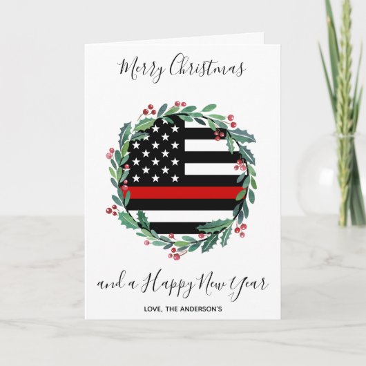 Vuurwerkster Thin Red Line Kerstmis Wreatay Holida Feestdagen Kaart (Voorkant)