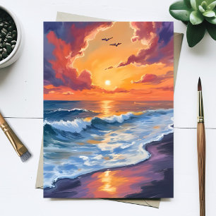 Vuurzee Zonsondergang Golven Zeegezicht Schilderij Briefkaart