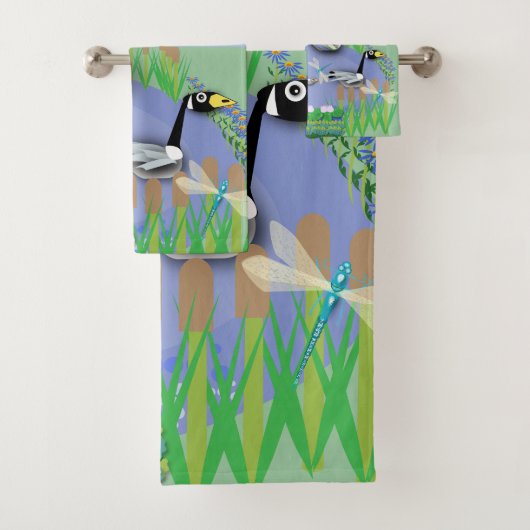 Vvijver met kleurrijke cartoon, met ganzen en eend bad handdoek (Insitu)