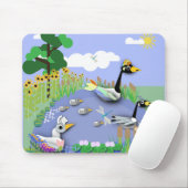 Vvijver met kleurrijke cartoon, met ganzen en eend muismat (Met muis)