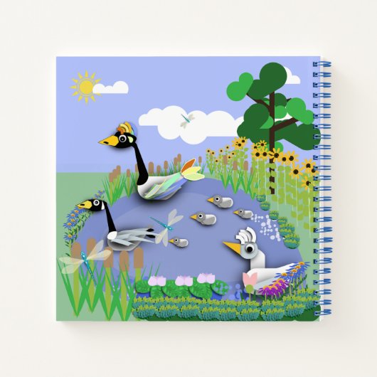 Vvijver met kleurrijke cartoon, met ganzen en eend notitieboek (Achterkant)