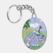 Vvijver met kleurrijke cartoon, met ganzen en eend sleutelhanger (Voorkant Links)