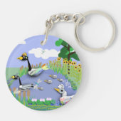 Vvijver met kleurrijke cartoon, met ganzen en eend sleutelhanger (Achterkant)