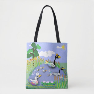 Vvijver met kleurrijke cartoon, met ganzen en eend tote bag