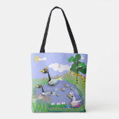 Vvijver met kleurrijke cartoon, met ganzen en eend tote bag (Achterkant)