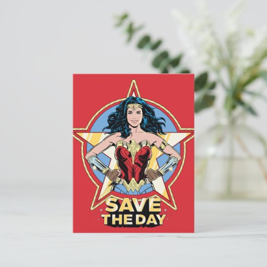 W84 | Bespaar de dag waarop de Wonder Woman Retro  Uitnodiging Briefkaart (Staand voorkant)