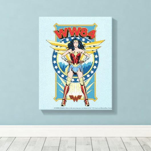 W84 | Retro Comic Wonder Woman Character Badge Canvas Afdruk (Insitu (Houten vloer))