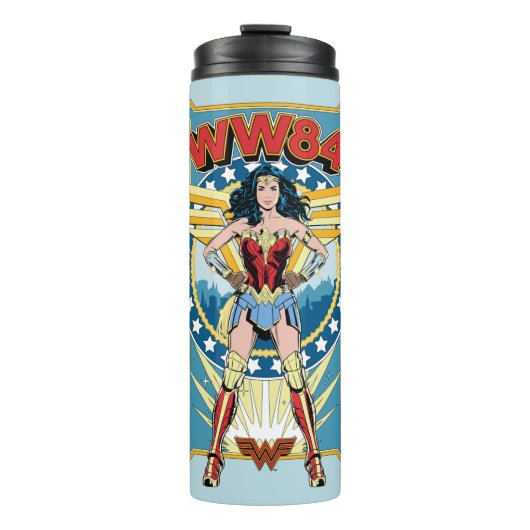 W84 | Retro Comic Wonder Woman Character Badge Thermosbeker (Voorkant)