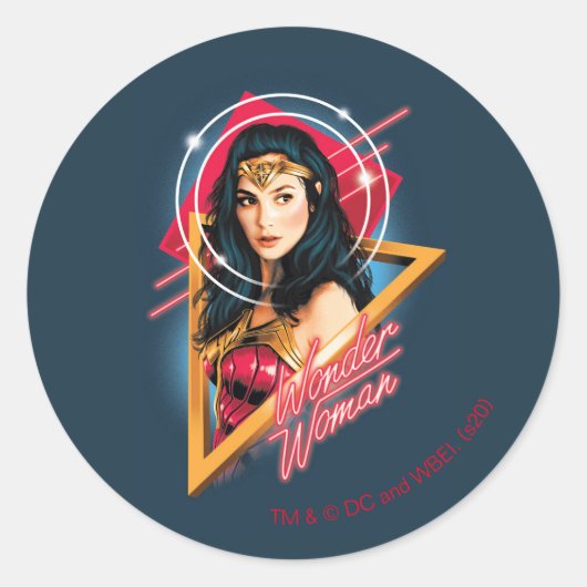 W84 | Wonder Woman Retrowave Character Badge Ronde Sticker (Voorkant)