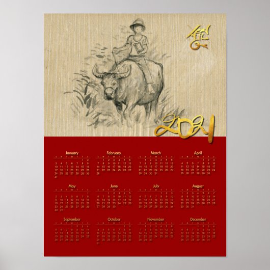 W Buffalo Kid Chinese Osse Jaar 2021 Kalender P Poster (Voorkant)