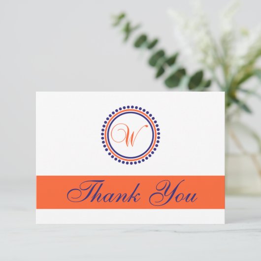 W Dot Circle Monogam Dank u (Oranje/Navy Blue) Bedankkaart (Staand voorkant)