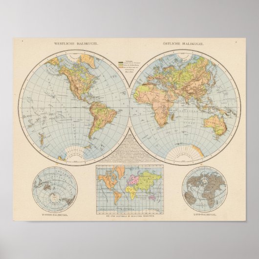 W, E Halbkugel Wereldkaart Poster (Voorkant)