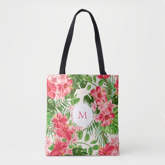 W gepersonaliseerde Hibiscus bloemenmonogram Canva Tote Bag (Voorkant)