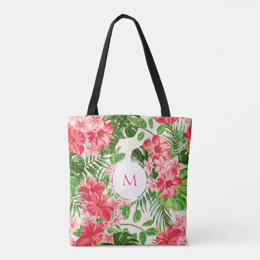 W gepersonaliseerde Hibiscus bloemenmonogram Canva Tote Bag (Achterkant)