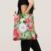 W gepersonaliseerde Hibiscus bloemenmonogram Canva Tote Bag (Dichtbij)