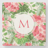 W Gepersonaliseerde Hibiscus Flower Monogram Stone Stenen Onderzetter (Voorkant)