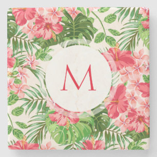 W Gepersonaliseerde Hibiscus Flower Monogram Stone Stenen Onderzetter