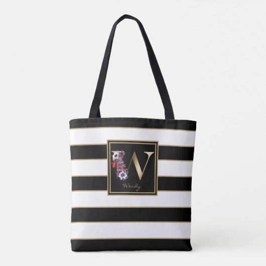 W Gold Floral Monogram | Zwarte witte gouden strep Tote Bag (Achterkant)