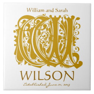 W Gold Monogram op Wit - Namen Trouwdatum Tegel Tegeltje