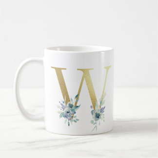 W, gouden initiaal met blauw bloemblad koffiemok