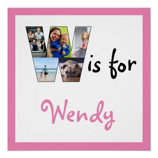 W is voor Roze Naam Foto Poster (Voorkant)