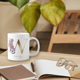 W Letter Gold Monogram Rood Witte Paarse Floral Grote Koffiekop