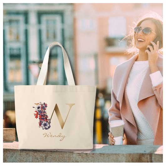 W Letter Gold Monogram Rood Witte Paarse Floral Grote Tote Bag