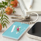 W Letter Initiaal Monogram Bloem Motief Aangepaste Sleutelhanger (Voorkant Rechts)