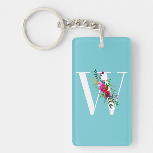 W Letter Initiaal Monogram Bloem Motief Aangepaste Sleutelhanger (Voorkant)