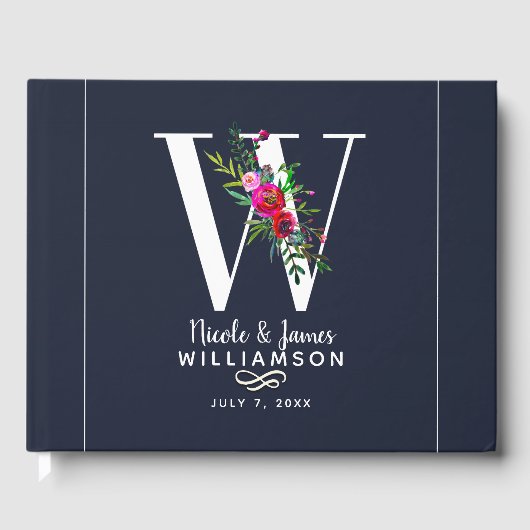 W Letter Initiaal Monogram Bloemen Naam Bruiloft Gastenboek (Voorkant)