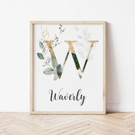 W Letter Monogram Groene Nursery Naam Muurprint Poster