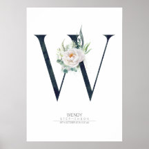 W Letter Monogram Witte Bloemen en Groene Bladeren