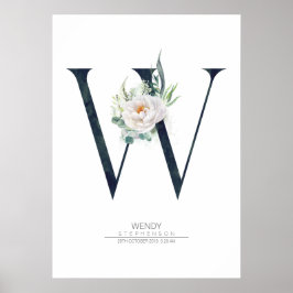 W Letter Monogram Witte Bloemen en Groene Bladeren Poster