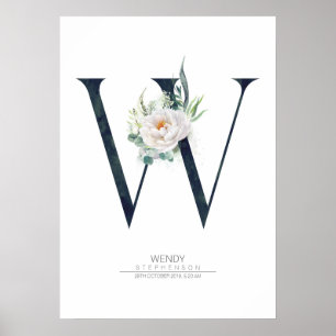 W Letter Monogram Witte Bloemen en Groene Bladeren Poster